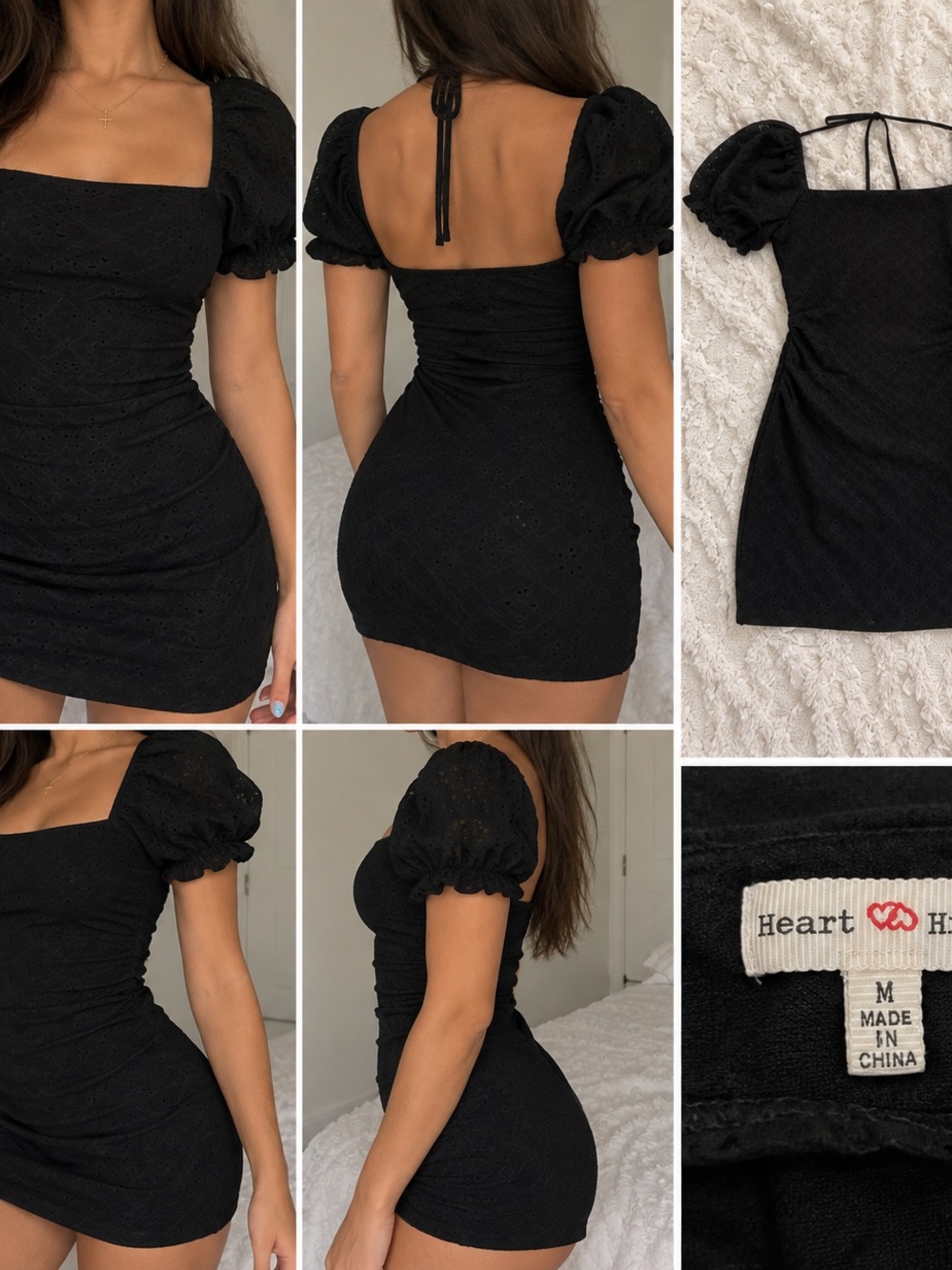 Heart Hips Black Puff-Sleeve Square-Neck Mini Dress